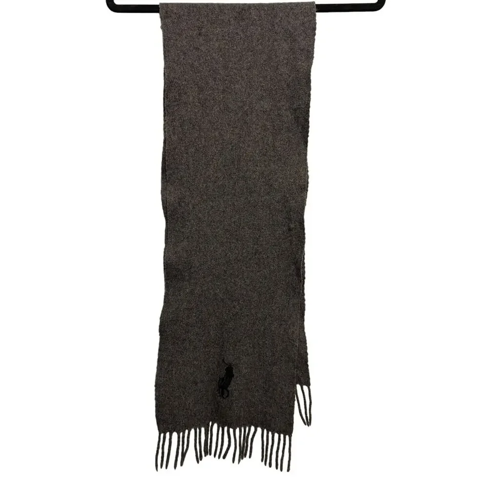 Polo Ralph‎ Lauren Gray Lambs Wool Scarf Pony Logo Fringe Detail